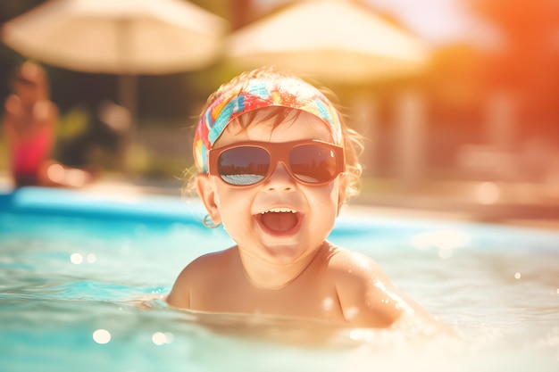 A little girl in a pool wearing sunglasses and a colorful scarf smiles and laughs.
