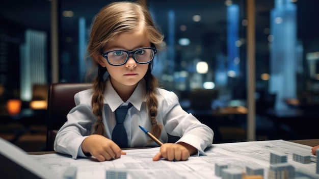 Little girl portrays a businesswoman in a suit in the background of her office Concept of children in adult professions