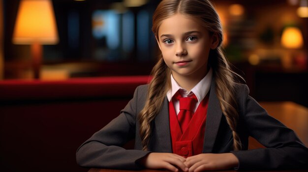 Photo little girl portrays a businesswoman in a suit in the background of her office concept of children in adult professions