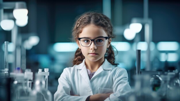 Photo little girl portrays a scientist in a classroom or lab