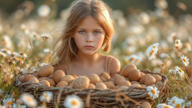 Photo a little girl posing in front of a basket filled with eggs