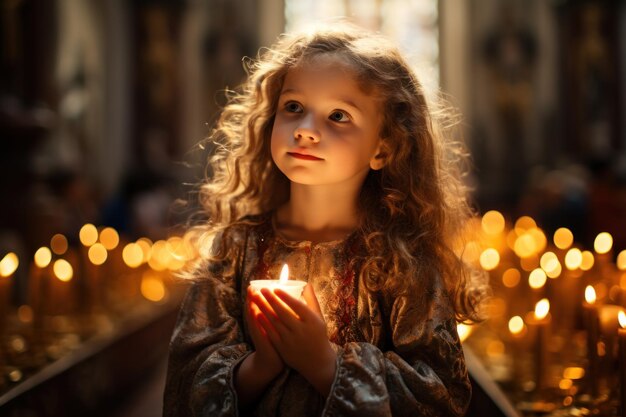 Little girl praying on bokeh golden lights background