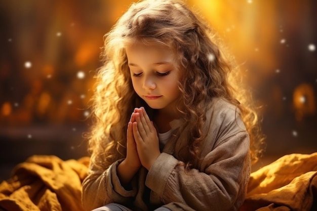 Little girl praying on bokeh golden lights background