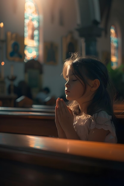 Little girl praying in a church