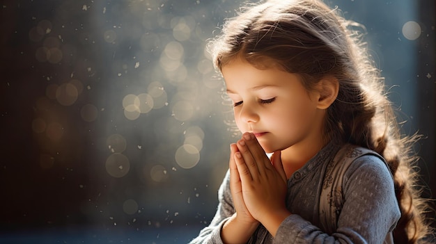 A little girl prays to God on a blurred background of the side