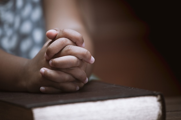 Little girl prays with a Holy Bible