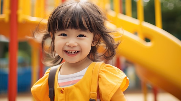 写真 外の遊び場で遊んでいる幼稚園の女の子