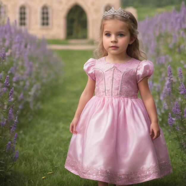 Маленькая девочка в платье принцессы на заднем плане