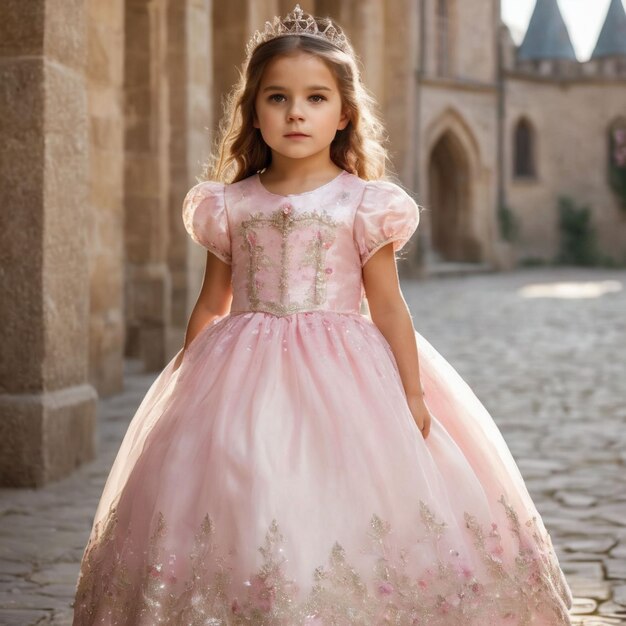 Foto una ragazzina con un vestito da principessa sullo sfondo