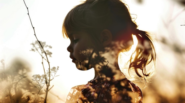 Little girl profile with imaginary world dreams in her head double exposure