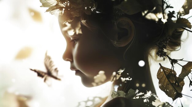 Little girl profile with imaginary world dreams in her head double exposure