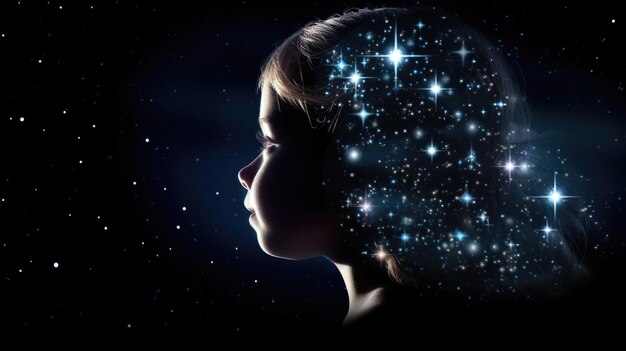 Little girl profile with imaginary world dreams in her head stars and space