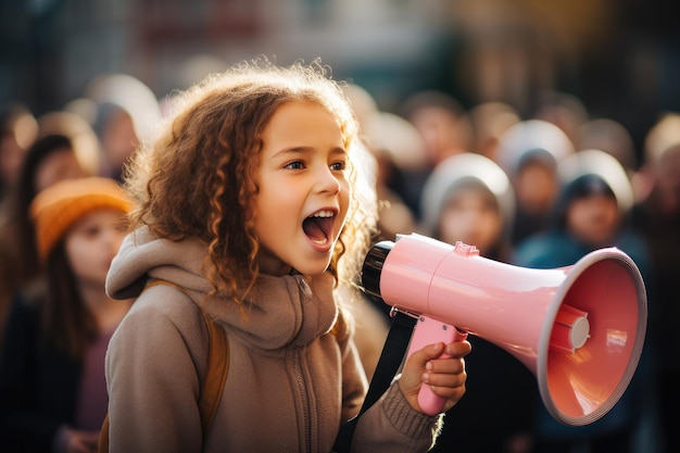 Foto piccola ragazza che protesta con un megafono per i cambiamenti climatici e il riscaldamento globale