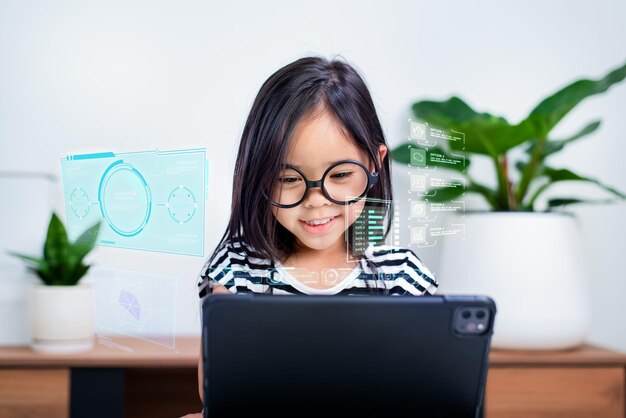 Little girl put on headphones have video call distant class with teacher study online homeschooling