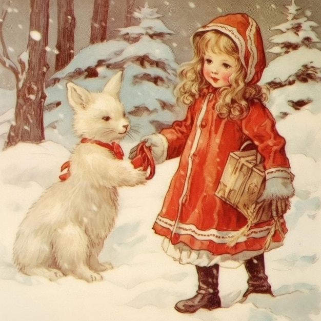 a little girl and a rabbit are in the snow.