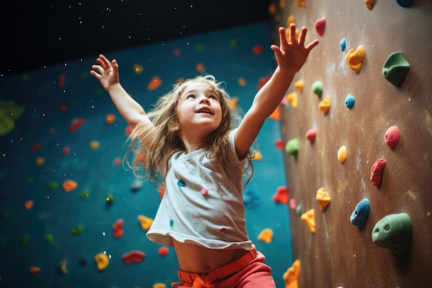 Фото Маленькая девочка тянется к более высокой опоре на скалодроме