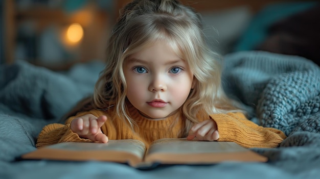 Little girl read interesting book in bed AI