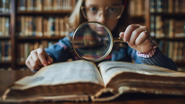 Фото Маленькая девочка читает книгу в библиотеке она держит увеличительное стекло и смотрит на книгу