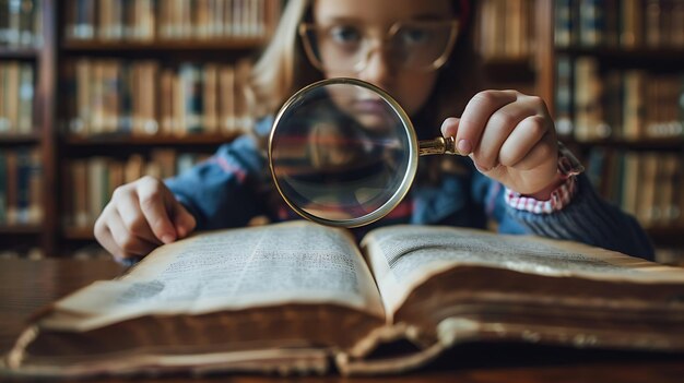 Foto una ragazzina che legge un libro in biblioteca tiene in mano una lente d'ingrandimento e guarda il libro