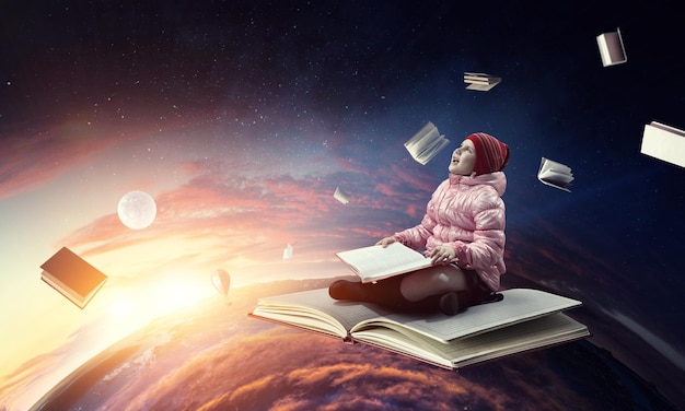 little girl reading a book. mixed media