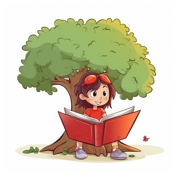 Little girl reading a book under the tree Generative AI