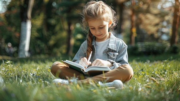 Foto piccola ragazza che legge un libro mentre è seduta nel parco sull'erba