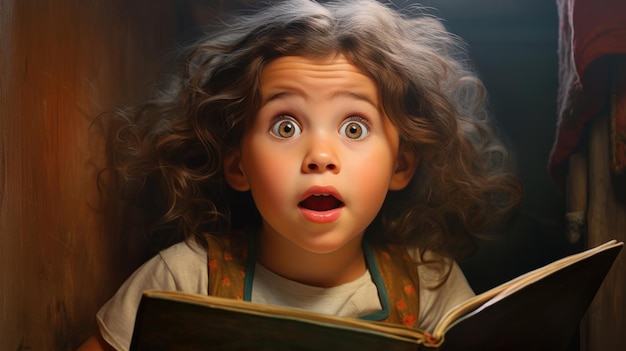 A little girl reading a book with a surprised expression