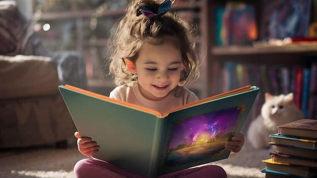 Маленькая девочка читает книгу.