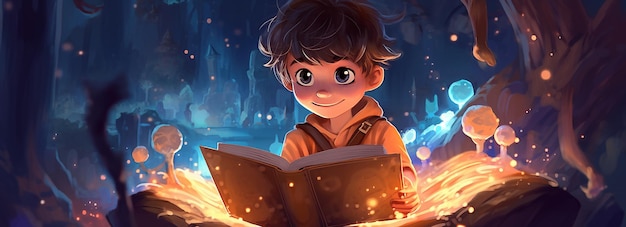 Маленькая девочка читает иллюстрацию концепции фантазии волшебной книги Сказка с фантастическим светом