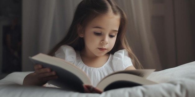 A little girl reads a book on a bed.