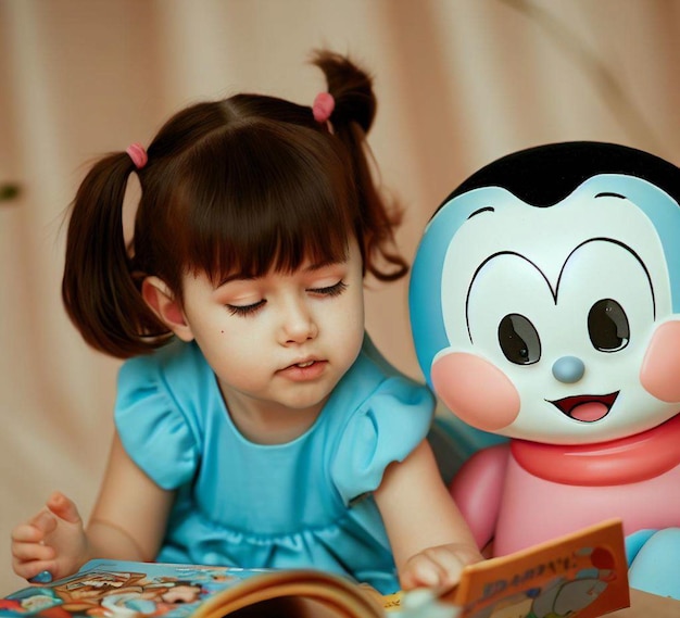 A little girl reads a book to a little girl.