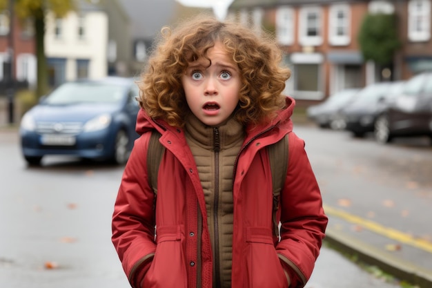 빨간 코트를 입은 작은 소녀가 그녀의 얼굴에 놀란 표정으로 거리에서 서 있습니다.