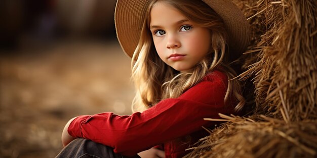 Little girl in red cowgirl shoes sits on a haystack at the farm