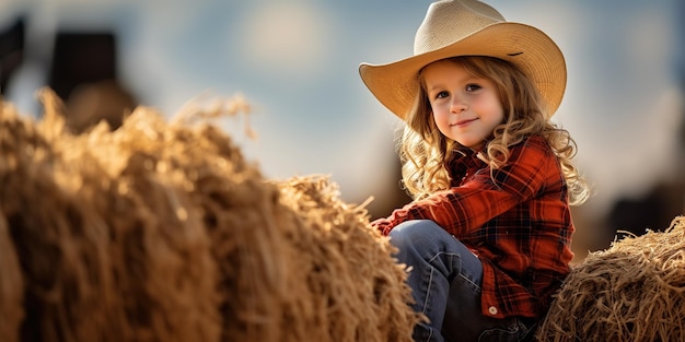 赤いカウガール・シューズを履いた小さな女の子が農場の草の山に座っている