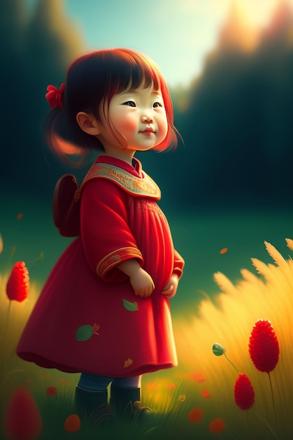 A little girl in a red dress stands in a field of flowers.