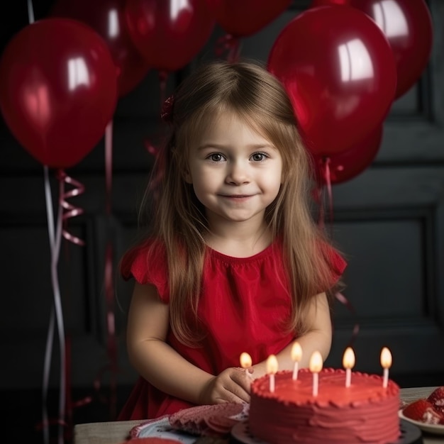 A little girl in a red dress with a cake and candles in front of her.