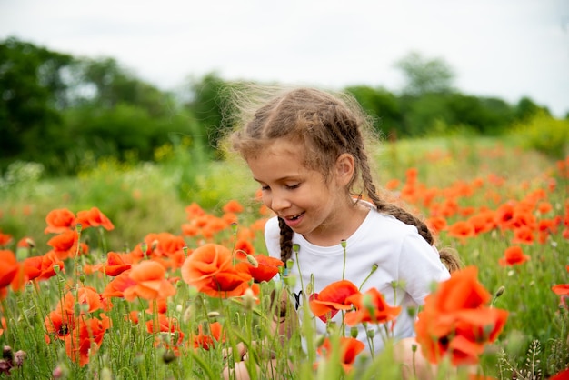 A little girl among the red poppies Nature Summer