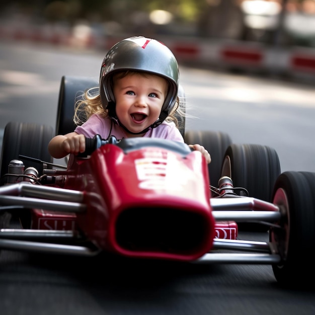 Photo a little girl in a red race car with a red car on the front.