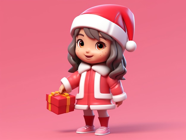 赤いサンタのドレスを着た小さな女の子がクリスマスのプレゼントを握っています 3Dイラスト画像