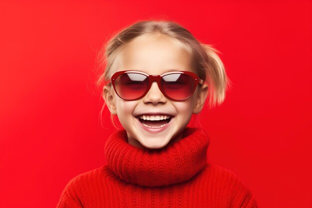 A little girl in a red sweater and sunglasses smiles.