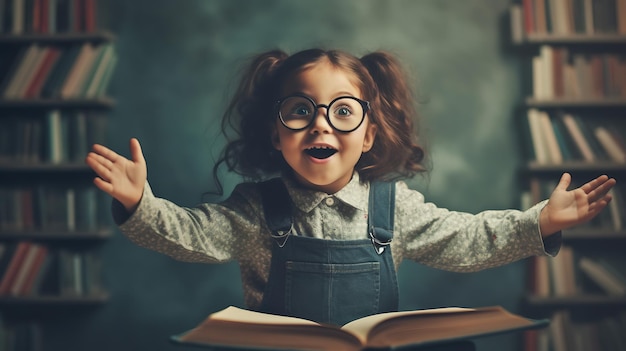 Little girl rejoices at the start of the school year sitting at her desk in front of a book against a blackboardCreated with Generative AI technology