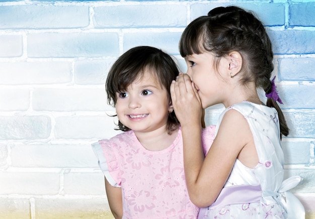 Little girl revealing secret to friend on blurred background