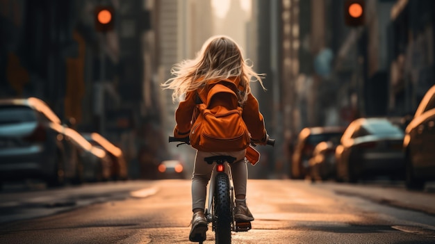 Little girl riding a bicycle in the city