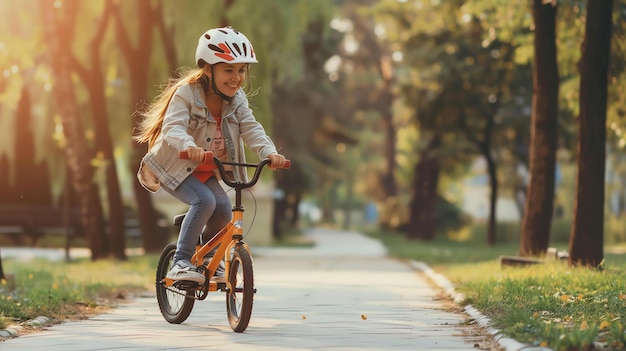 小さな女の子が公園で自転車に乗っています彼女はヘルメットをかぶって笑っています太陽は木の中を照らしています