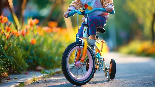 Photo little girl riding a bike in the park