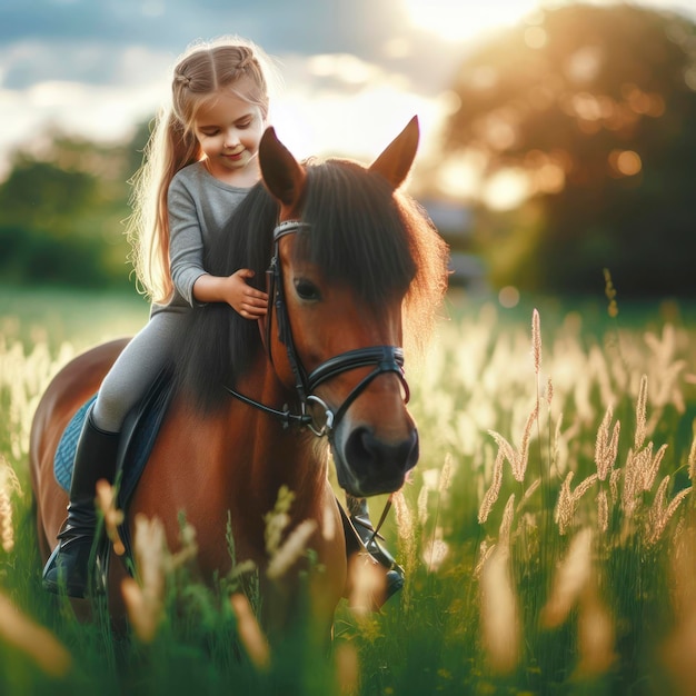 小さな女の子が馬に乗って馬術をする 緑の自然 ボケ・アイ・ジェネレーティブ