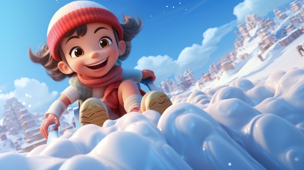 little girl riding on snow slides illustration