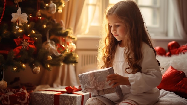 A little girl in a room decorated with Christmas decorations holds a gift from Santa