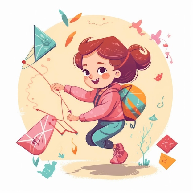 Little girl running flying kite cartoon illustration with generative ai