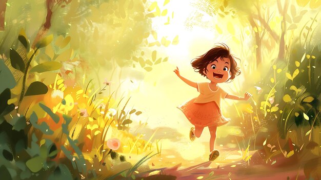 Little girl running happily in a lush green field on a sunny day